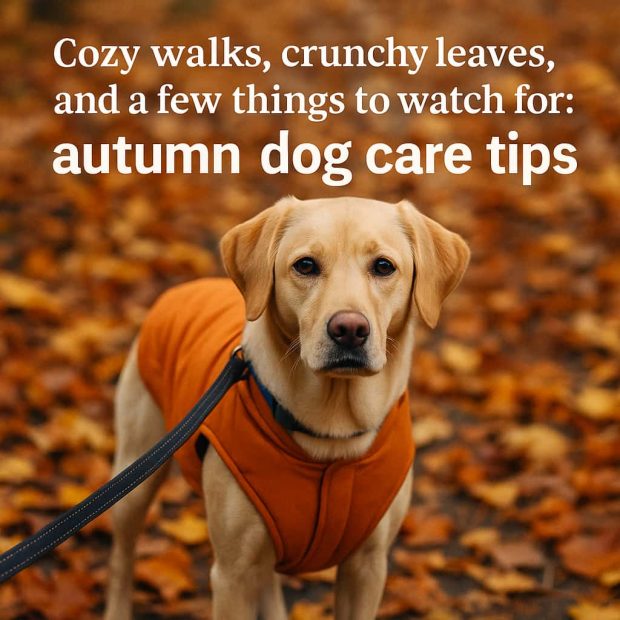 Dog in orange jacket on autumn walk with fallen leaves