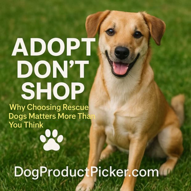 Happy tan dog sitting on grass promoting adopt don’t shop message.
