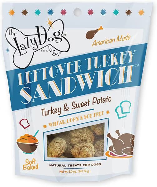 Bag of Leftover Turkey Sandwich dog treats made with turkey and sweet potato, 5-oz