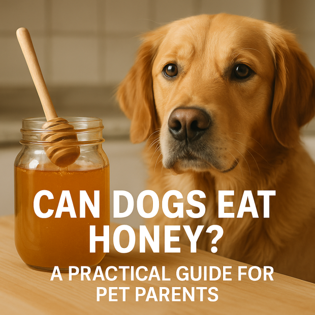 Golden retriever sitting beside a jar of honey with text overlay asking if dogs can eat honey.