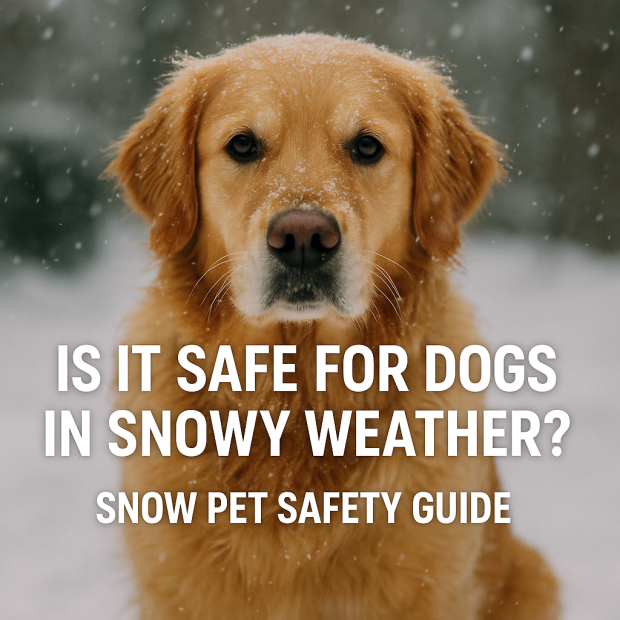 A close-up photograph of a golden retriever standing in the snow with snowflakes on its fur. Overlaid text reads 'Is it safe for dogs in snowy weather? Snow pet safety guide,' making the image eye-catching for social media and relevant to winter pet safety topics.