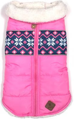 Pink puffer dog coat with white fleece collar and snowflake pattern.
