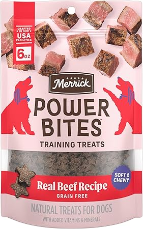 Merrick Power Bites grain-free soft and chewy dog treats with real beef recipe in a 6 oz resealable bag